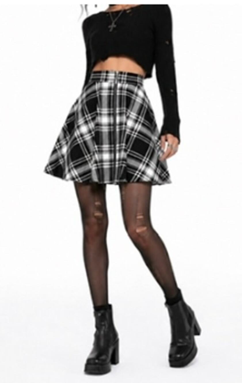 Hot Topic Black White Plaid Goth O-Ring Skater Mini Skirt with Pockets size LG